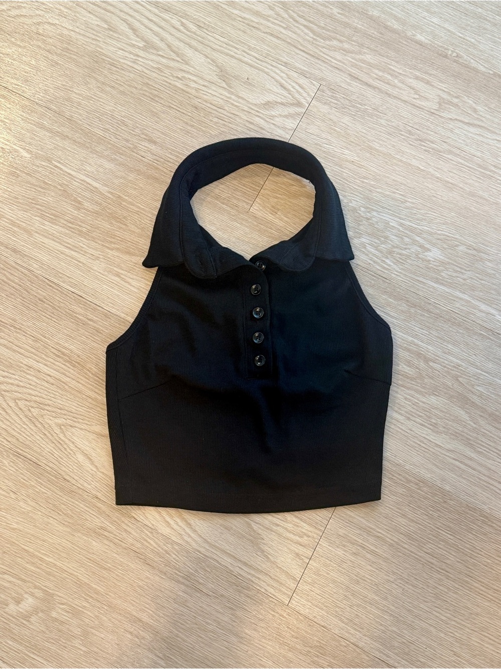 Black Sleeveless Collared Button-Front Cropped Halter Ribbed Knit Top Sz S